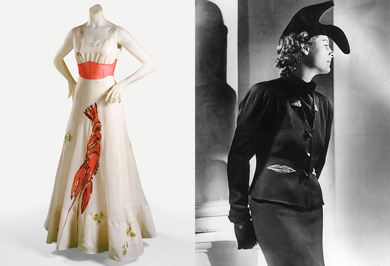 Слева – платье «Омар» с принтом, нарисованным Сальвадором Дали, справа – «Шляпа-туфля», разработанная по эскизу Гала Дали, 1937 год