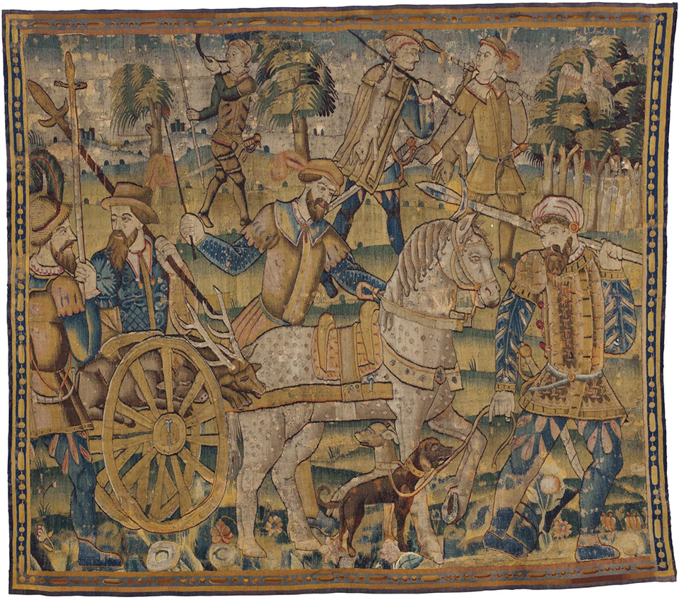 Шпалера «Возвращение с охоты». Фландрия или Франция, вторая половина XVI в. Шерсть, шелк; шпалерное ткачество. 233,5 × 268 см. Коллекция Инны Баженовой