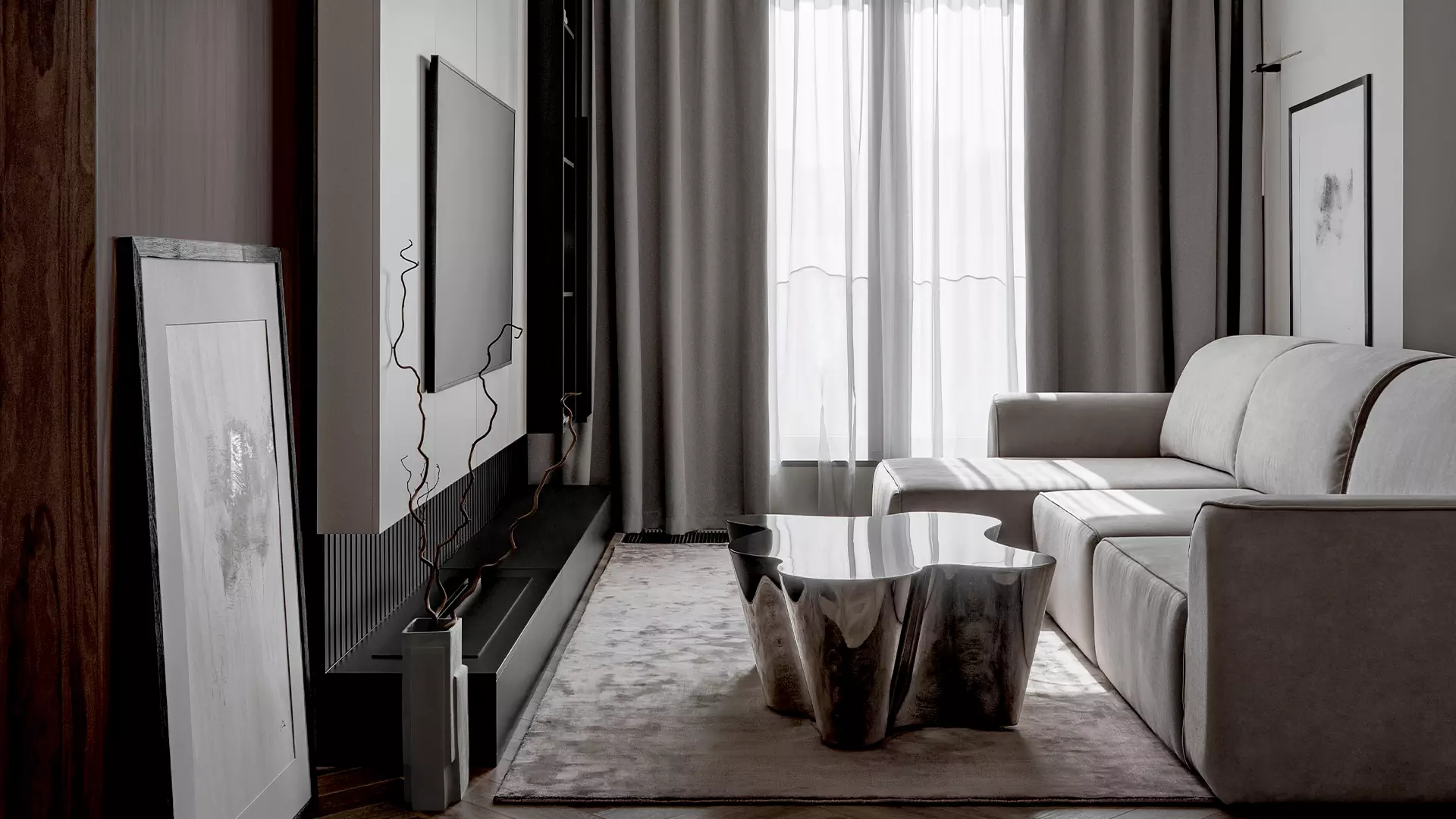 Монохромный интерьер квартиры с эффектным камином в гостиной — проект Яны Родзевич