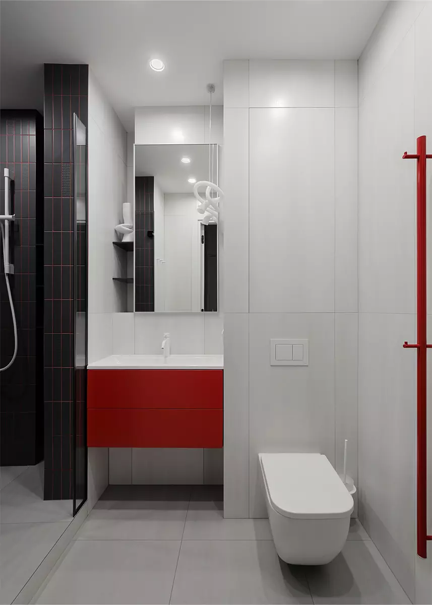 Проходная кухня и контрастные санузлы в интерьере квартиры для сдачи в аренду — проект Анастасии Павловской и Анастасии Курбатовой