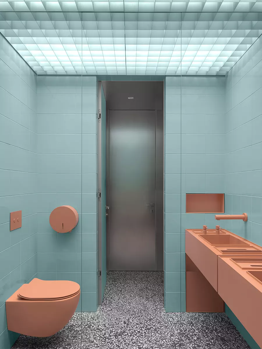 Футуристичный интерьер салона красоты с градиентным полом и деталями из стали — проект Елены Локастовой