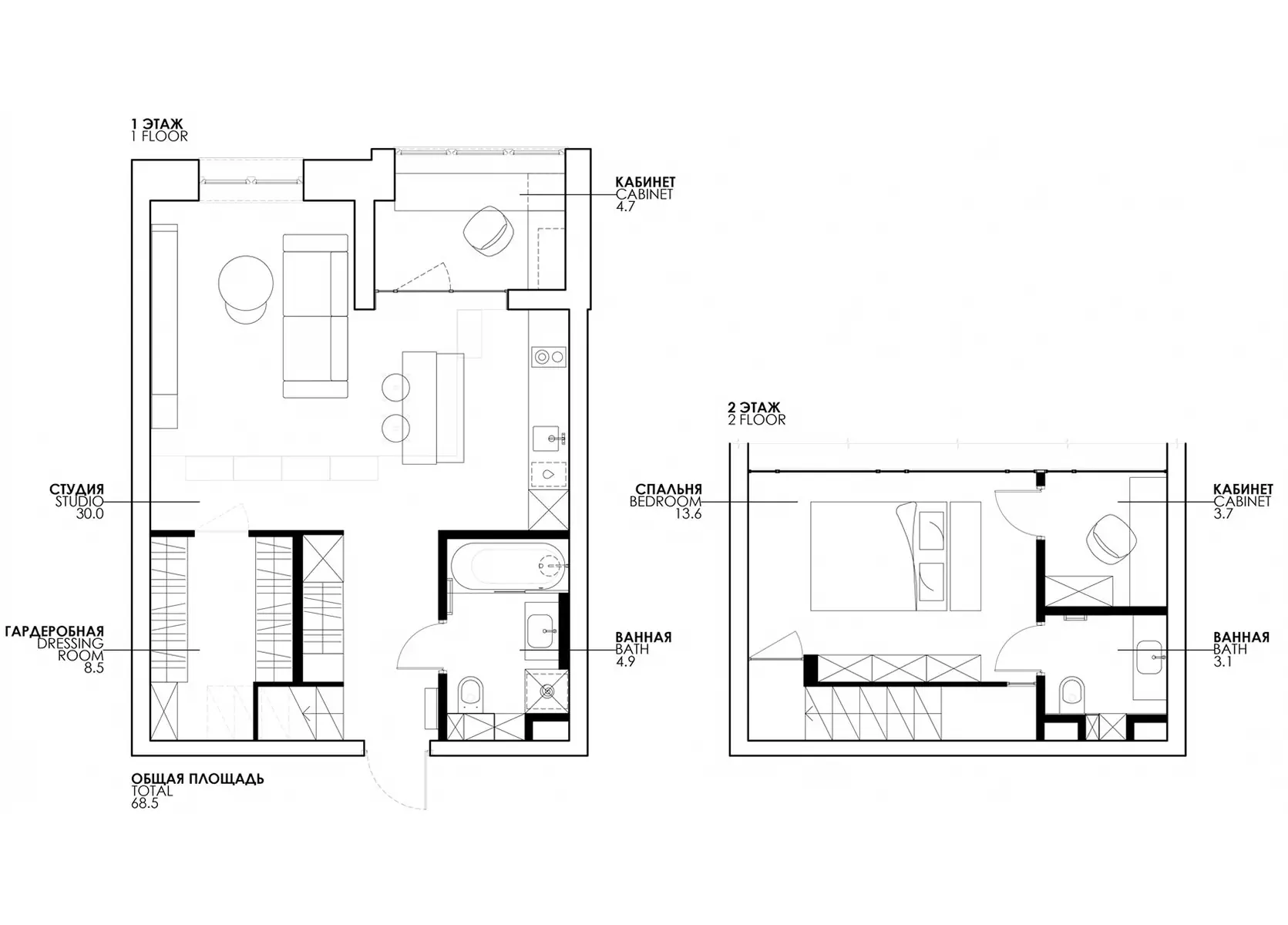 Дополнительный этаж и бетонные поверхности в интерьере небольшой московской квартиры – проект Наталии Рыбаковой