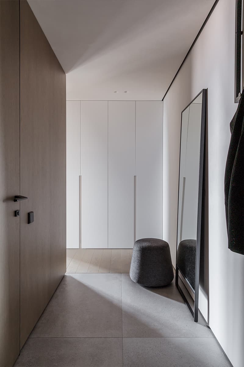 Строгие перегородки и шпонированные панели в интерьере квартиры для молодого человека — проект Ольги Омельченко