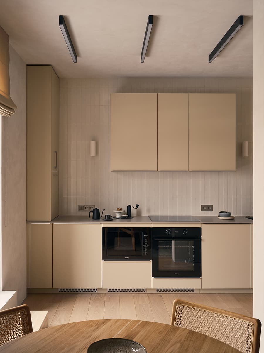 Мягкие краски и светлая древесина в интерьере квартиры с эффектными полками для декора — проект студии BRANCH