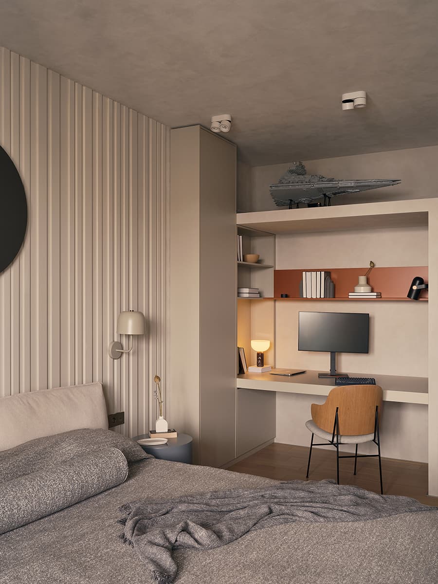 Мягкие краски и светлая древесина в интерьере квартиры с эффектными полками для декора — проект студии BRANCH