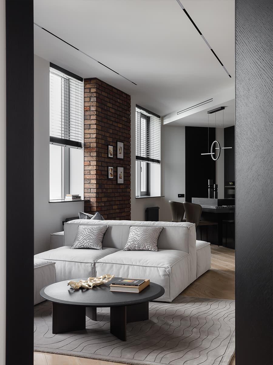 Контрасты и аккуратная графика в интерьере уютной квартиры для холостяка — проект Дарьи Пиковой