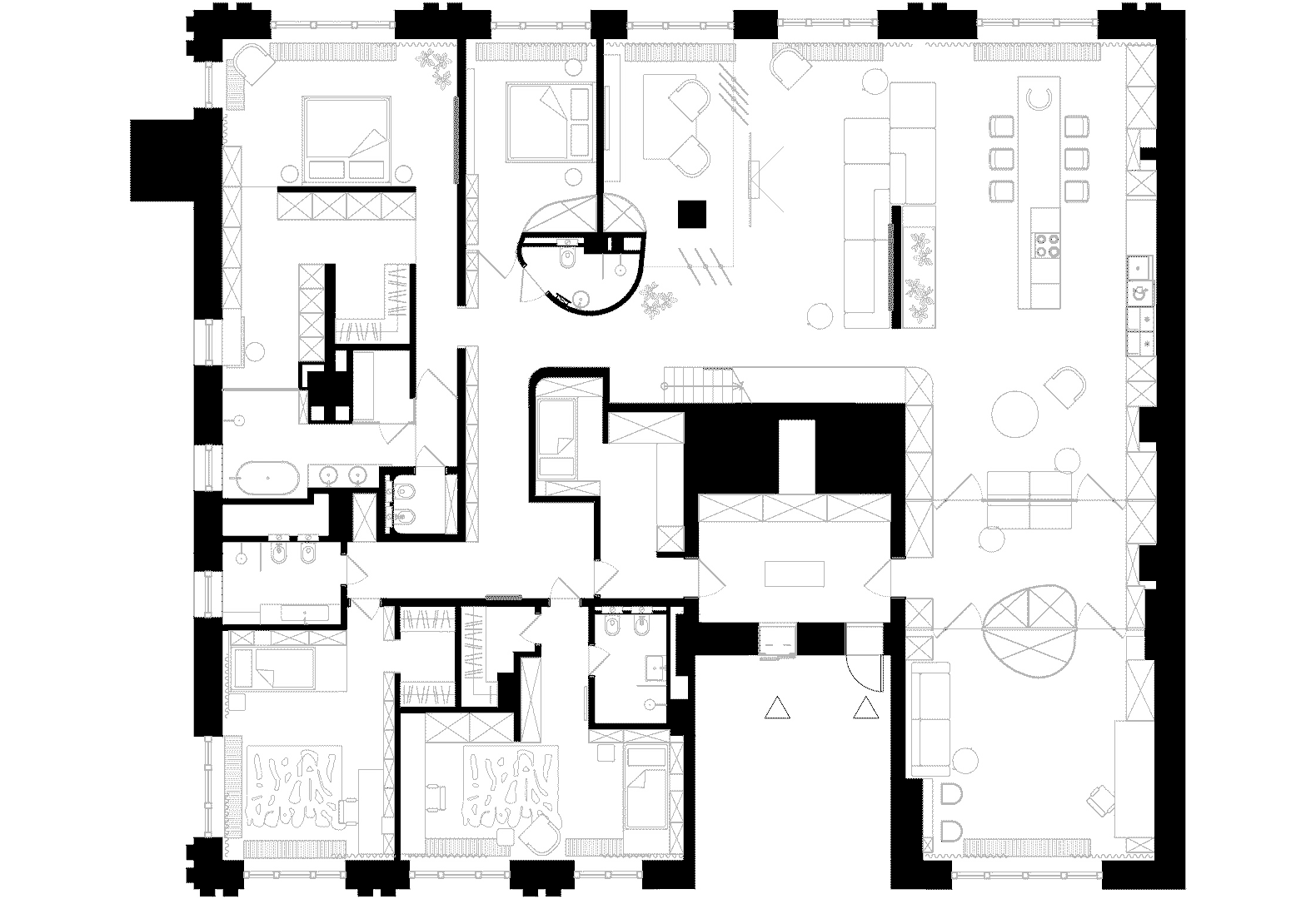 Интерьер просторной квартиры с террасой и кастомными объектами — проект DA Bureau