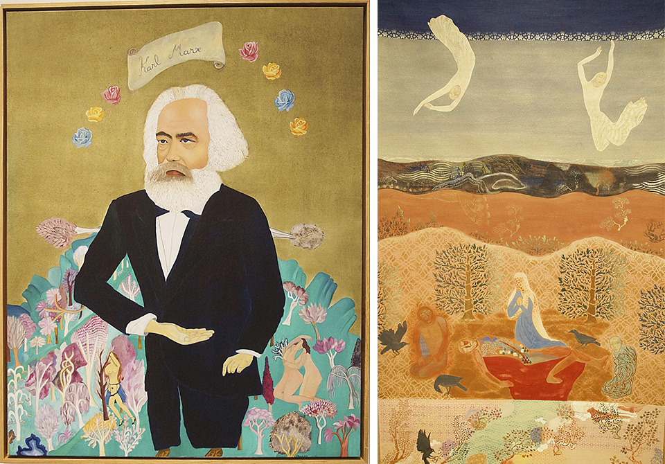 Слева – Cecilia Vikuna (Чили). Карл Маркс, живопись, 1972, справа – Nilima Sheikh, Terrain. Carrying Across, Leaving Behind (2016 – 2017), фрагмент