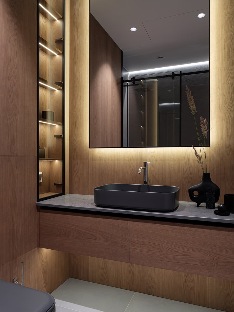 Спальня с акцентной стеной и графичные жалюзи в интерьере квартиры для взрослой пары — проект Светланы Ремизовой