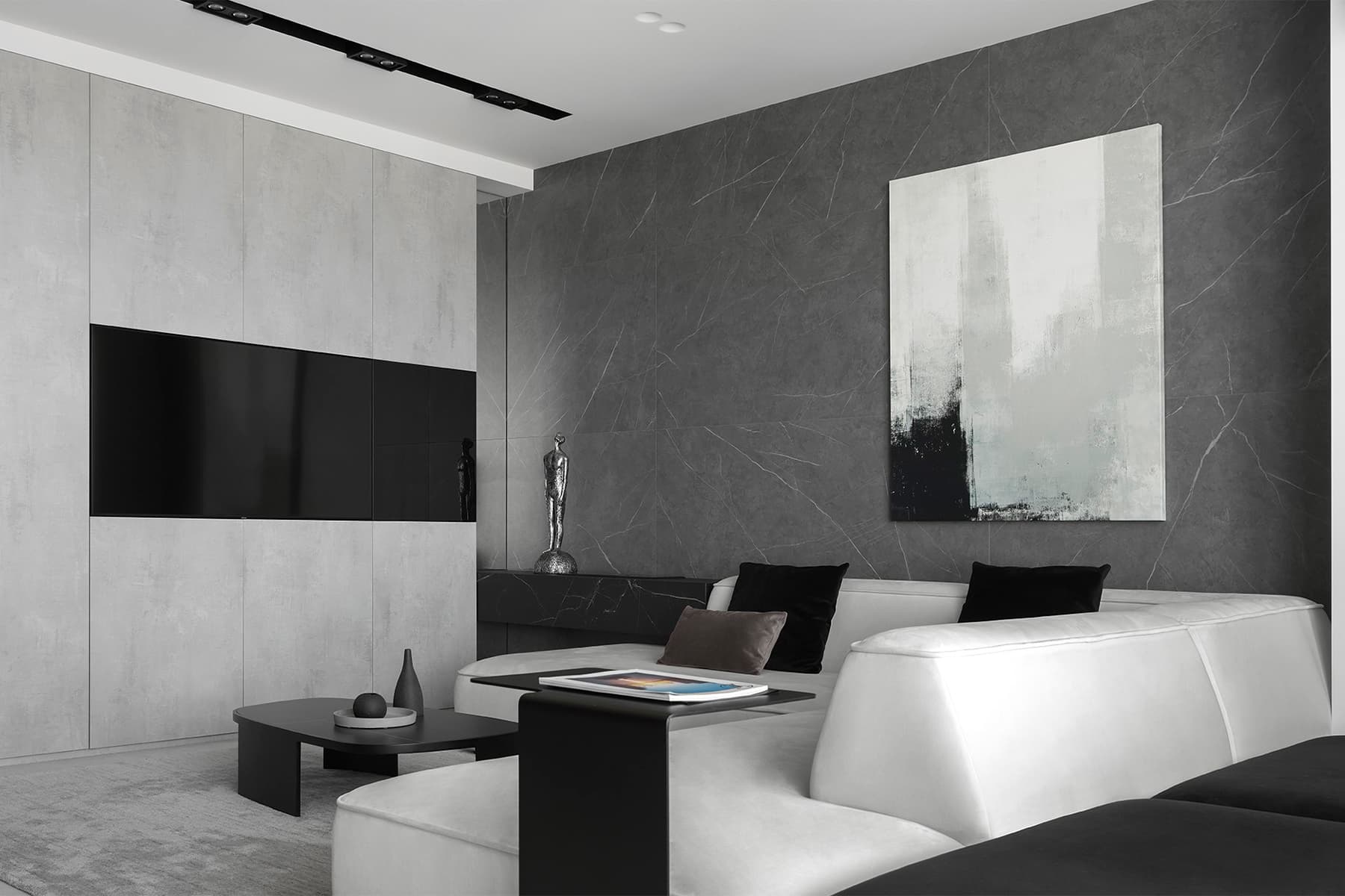 Эффектные статуэтки в монохромном интерьере семейной квартиры — проект студии SOKOLOV ARCHITECTS