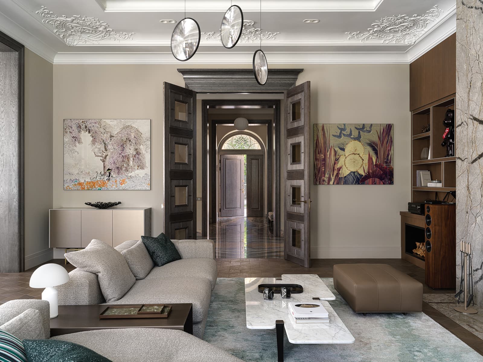 Эмоциональное искусство и обилие мрамора в интерьере респектабельного загородного дома — проект Ирины Марковской