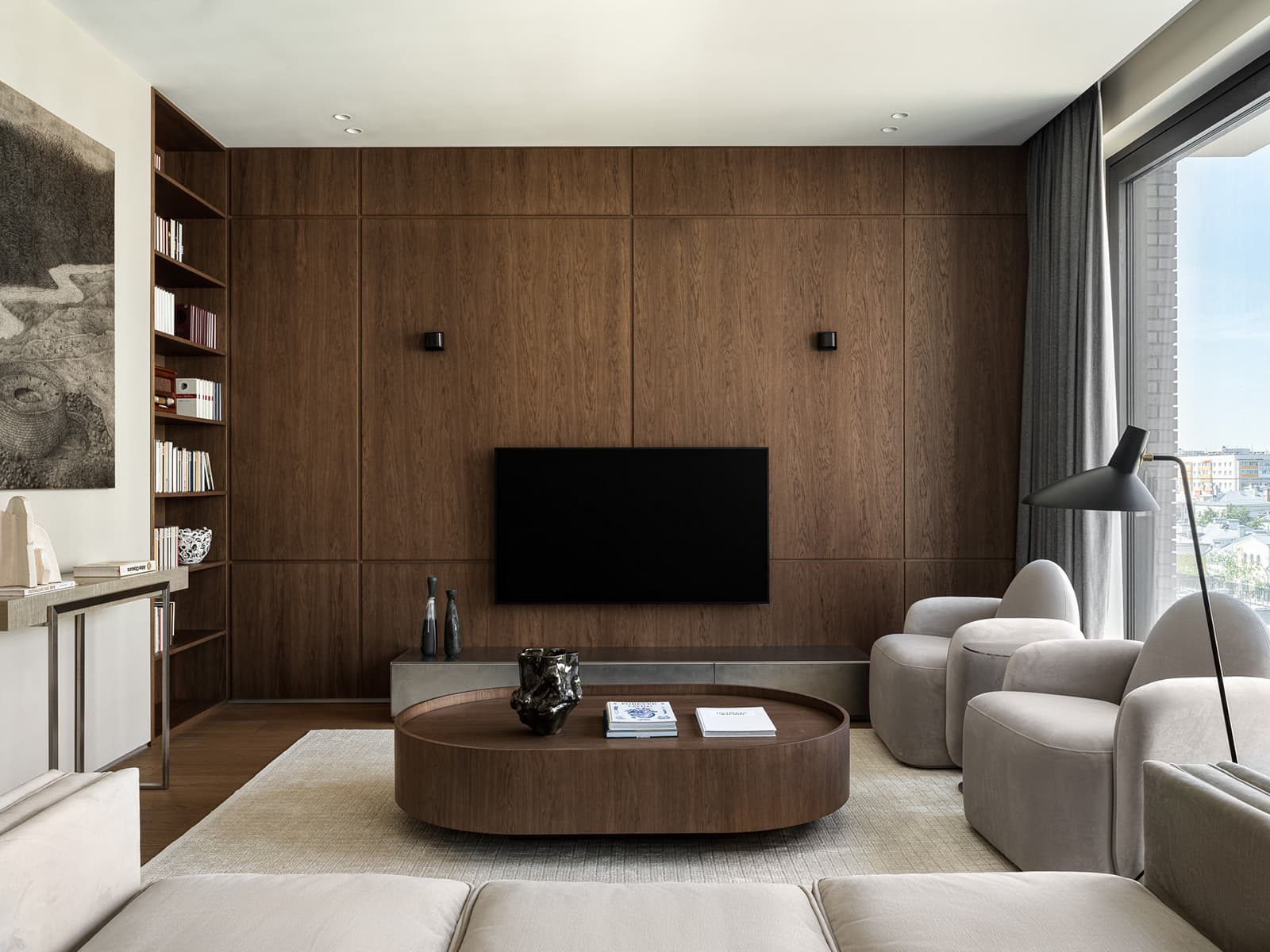 Современное искусство среди природных оттенков в интерьере для молодого человека — проект Ани Саркисян и Анастасии Фоминой