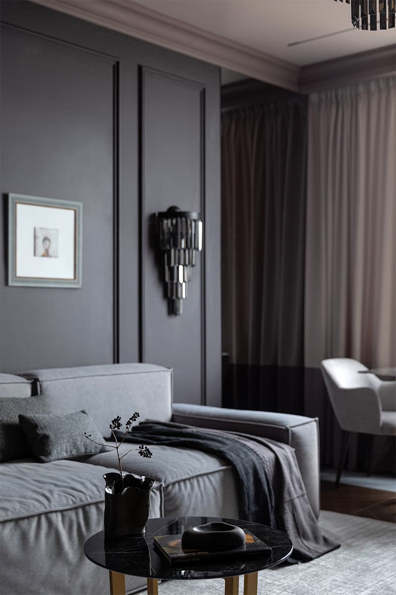 Темные тона, керамика и бордовая прихожая в мягком интерьере квартиры — проект студии дизайна интерьера LIVIN BURO