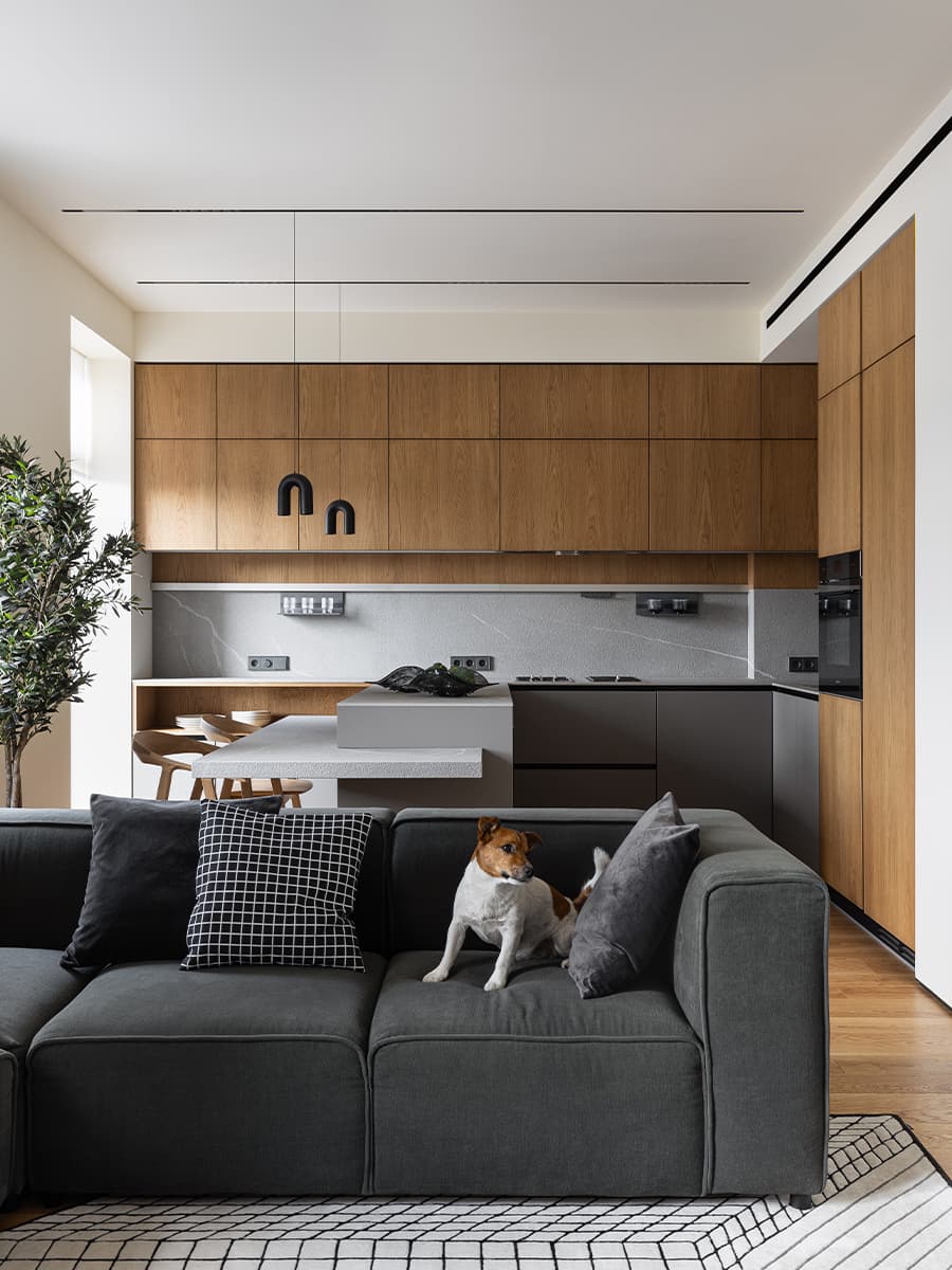 SPA-зона для питомцев и деревянные окна в интерьере квартиры со сдержанной палитрой — проект Ольги Зубаревой