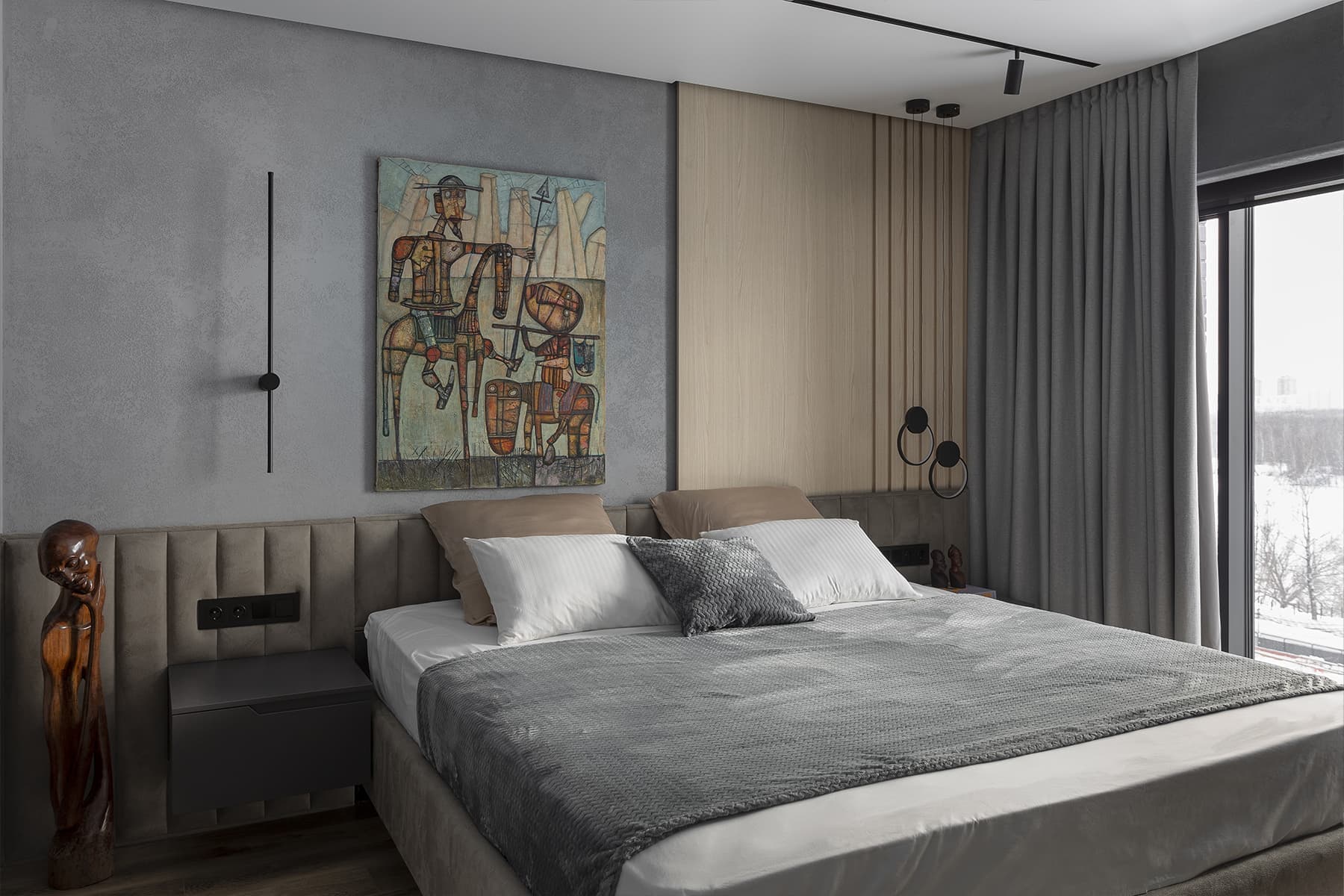 Африканский декор и искусство из коллекции заказчика в интерьере минималистичной квартиры — проект Полины Граубергер