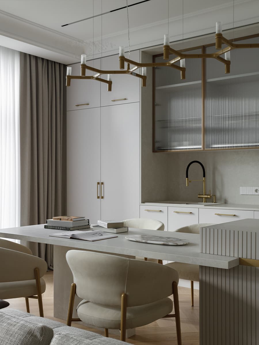 Сочетание элегантности и золотистых акцентов в квартире для семьи предпринимателя — проект бюро STARIKOVA.ARCHITECTS