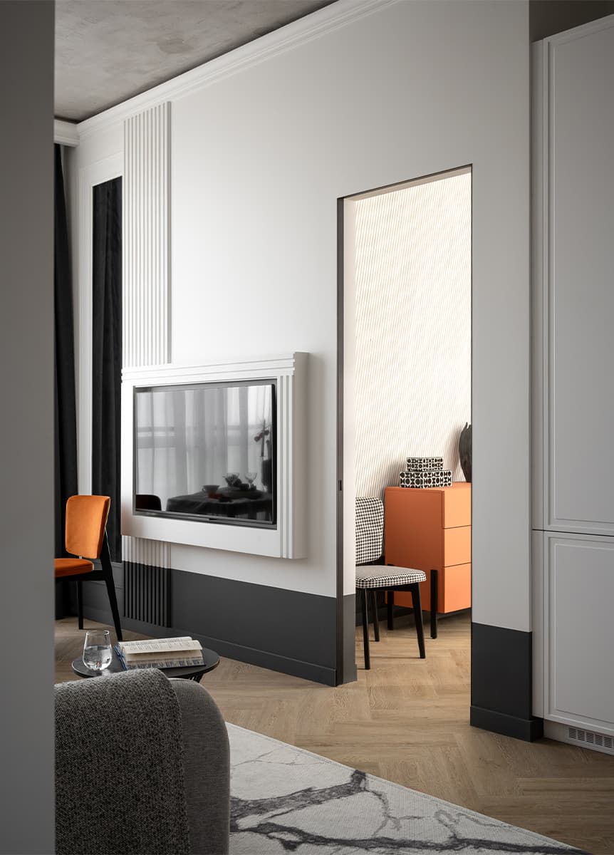 Бетонные потолки и цветовые акценты в интерьере квартиры для продажи — проект Юлии Павлюк