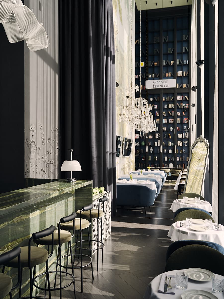 Многоярусные люстры и изящные книжные шкафы в интерьере ресторана — проект Алины Цауня