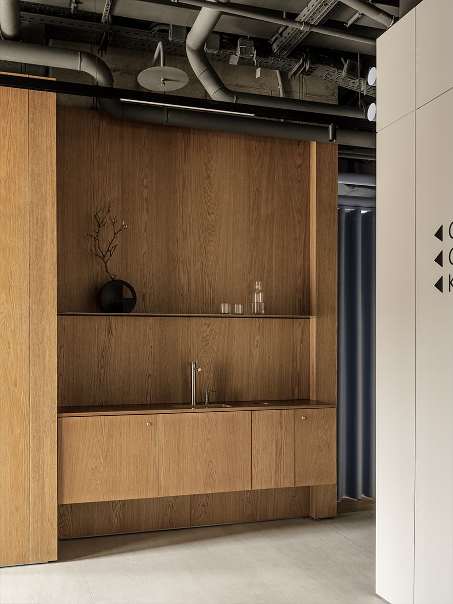 Холодные голубые оттенки, бетон и дерево в интерьере клубного дома — проект DA bureau