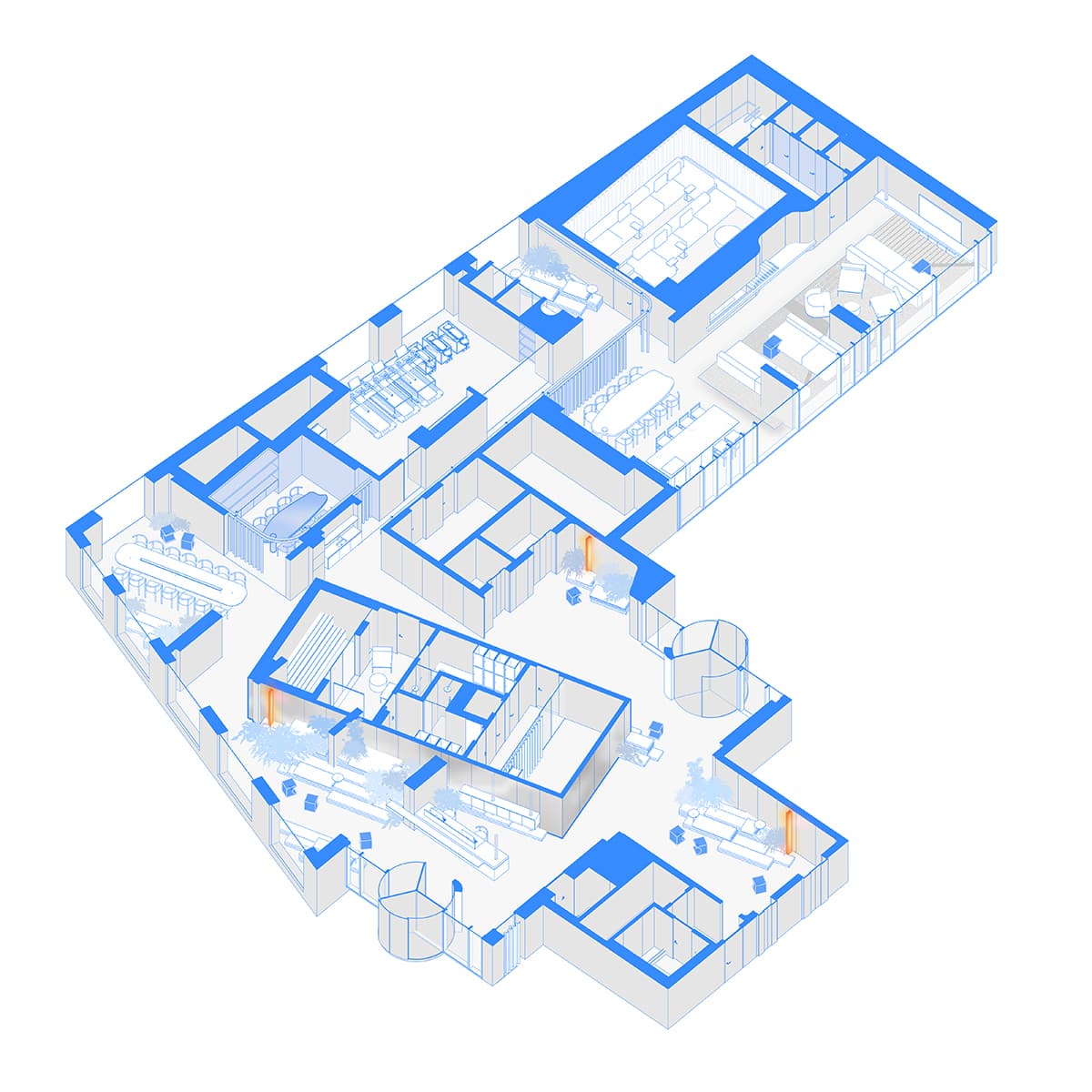 Холодные голубые оттенки, бетон и дерево в интерьере клубного дома — проект DA bureau