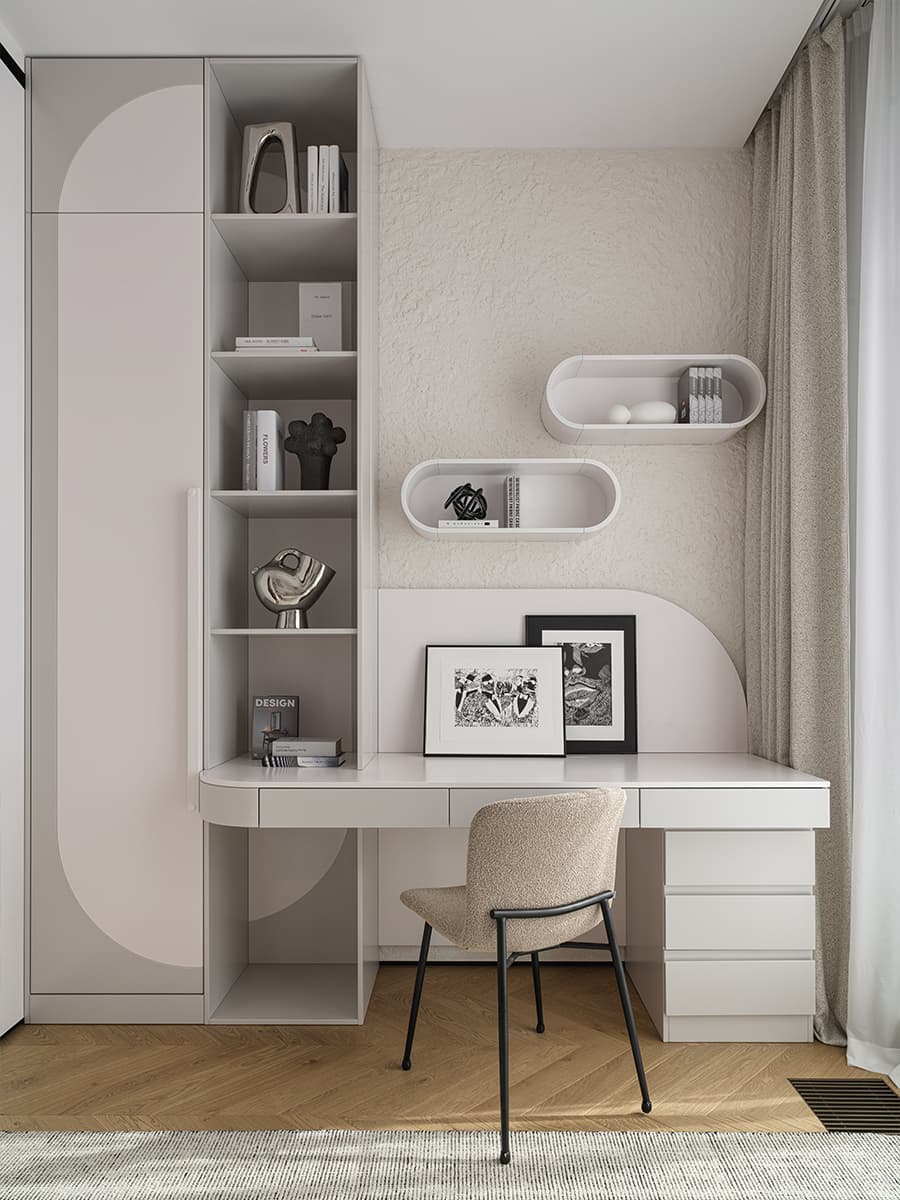 Мягкие тона и гибкие формы в интерьере для студентки — проект Kovalchuk Interior