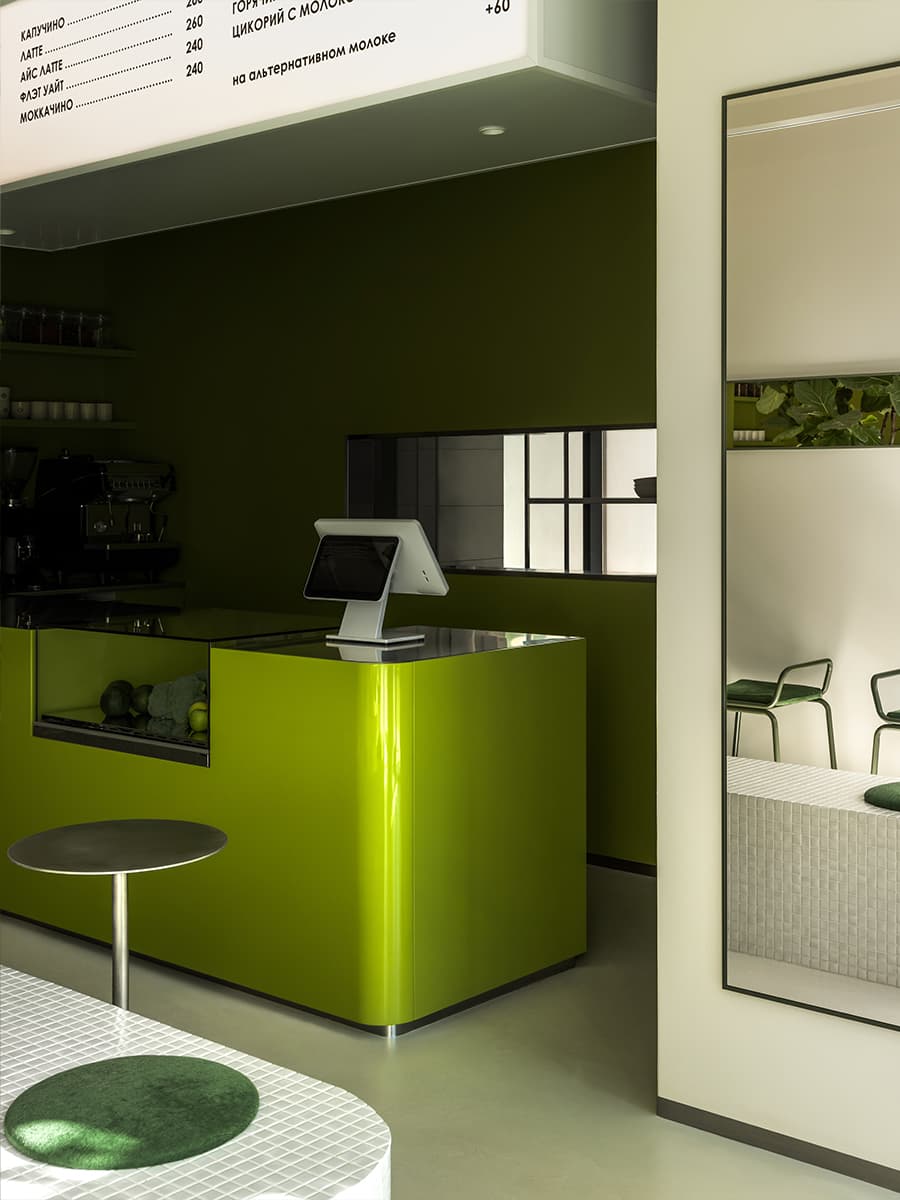 Бодрящие лаймовые тона в интерьере ресторана здорового питания — проект студии дизайна 1820