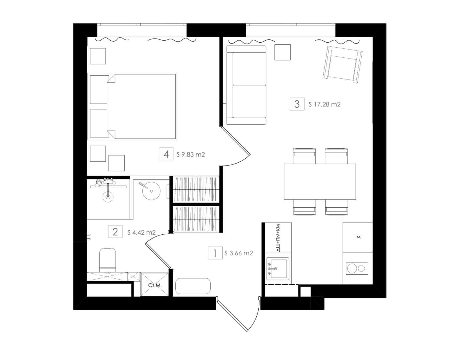 Акцентная кухня в интерьере маленькой квартиры под сдачу в аренду — проект atlburo