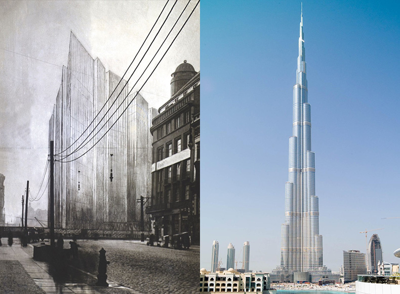 Слева – проект небоскреба Glass Skyscaper в Берлине, Мис ван дер Роэ; справа – башня Бурдж-Халифа в Дубае, SOM