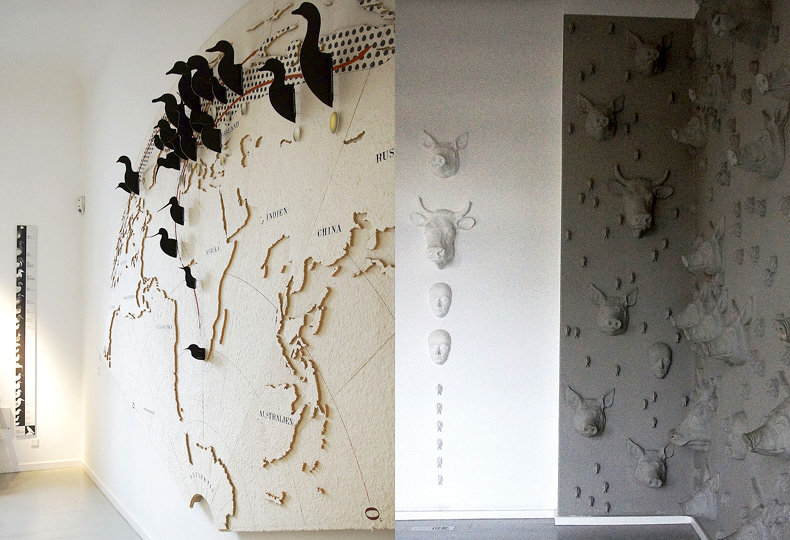 Слева – пример трехмерной карты сезонной миграции птиц, справа – инсталляция, иллюстрирующая отрасли сельского хозяйства в регионе