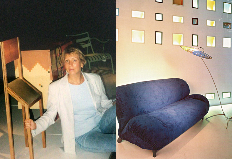 Слева – Елена Архипова на выставке «Мебель-1994», справа – диван по дизайну Елены Архиповой