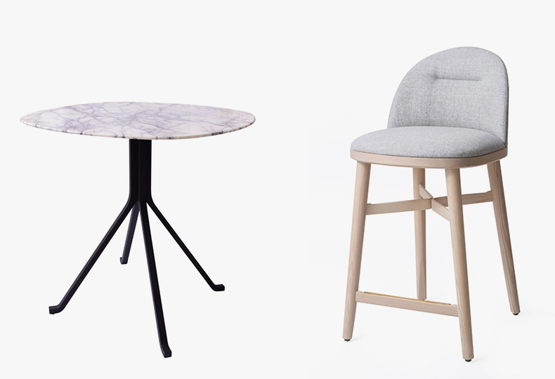 Stellar Works, слева – столик Blink, дизайн Yabu Pushelberg, страва – барный стул Bund дизайн Neri & Hu