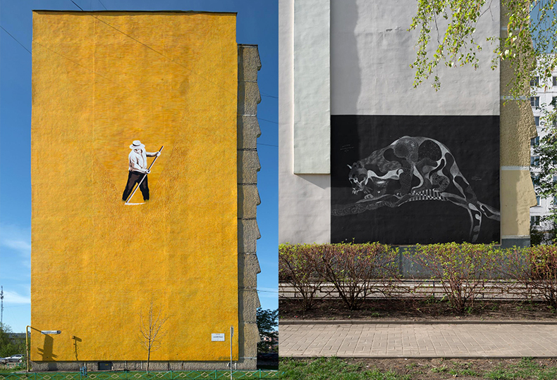 Слева – панно «Хороший урожай», автор – Слава ПТРК, 2016; справа – граффити француза Philippe Baudelocque, 2013