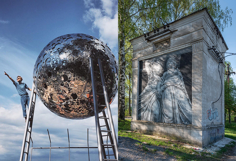 Слева – инсталляция Леонида Тишкова «Луна», справа – работа Инги Гуревич, 2013