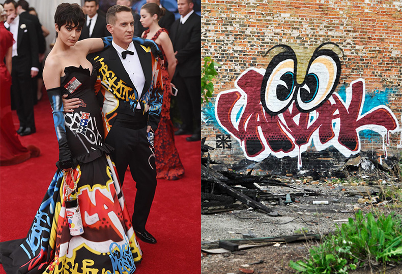 Слева – Джереми Скотт и Кэти Перри в нарядах Moschino, справа – рисунок граффити-художника Rime