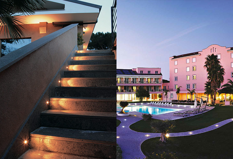 Слева – лестница, подсвеченная встроенными светильниками Nobile Italia SpA, справа – дорожки и бассейн, тоже с подсветкой Nobile Italia SpA