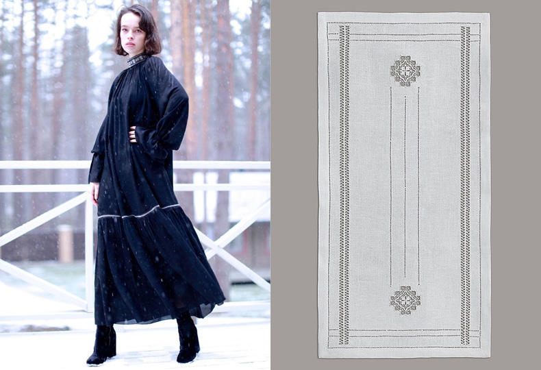 Слева – платье с крестецкой строчкой из коллекции Александры Георгиевой; справа – скатерть с крестецкой строчкой