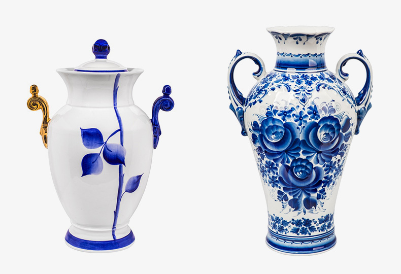 Слева – кувшин Сергея Сысоева для «Гжельского фарфорового завода»; справа – традиционная расписанная вручную ваза «Валентина»