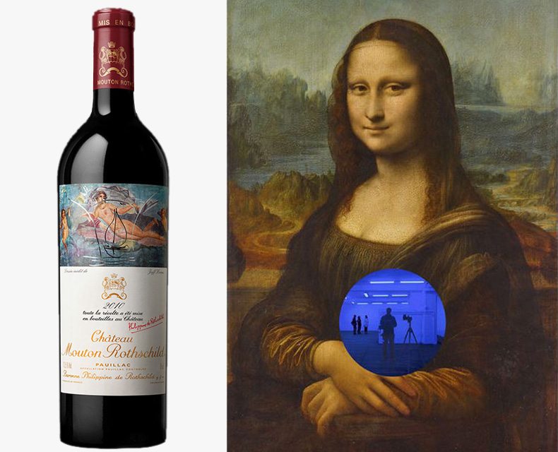 Слева – этикетка Джеффа Кунса, справа – его работа «Gazing Ball (da Vinci Mona Lisa)», Galerie de Bellefeuille