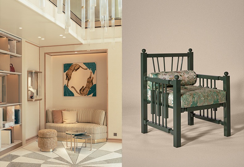 Слева — фрагмент интерьера магазина Cartier в Париже, справа — кресло из мебельной коллекции Лауры Гонсалес