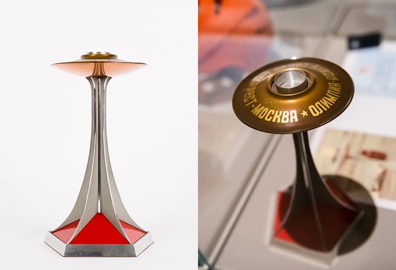 Слева: малая чаша Олимпийского огня. Справа: макет, ручная сборка, экспонат предоставлен ПАО «Туполев»