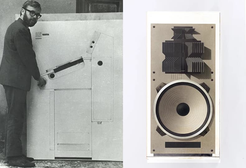 Слева: выдающийся советский дизайнер Николай Слесарев. Справа: акустическая система «Янтарь»