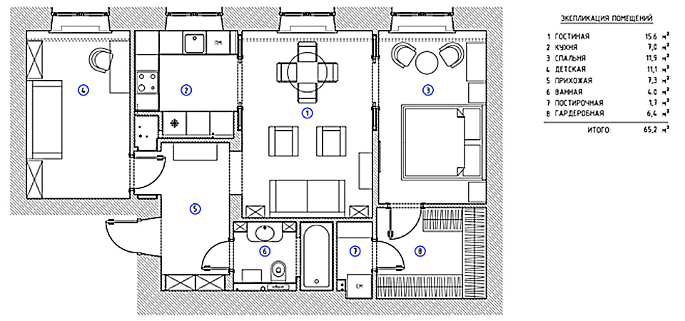 План многофункциональной квартиры площадью 65 кв. м, Atelier Interior