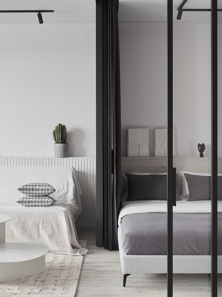 Минималистичный интерьер квартиры под сдачу со спальней-боксом – проект Алексея Иванова