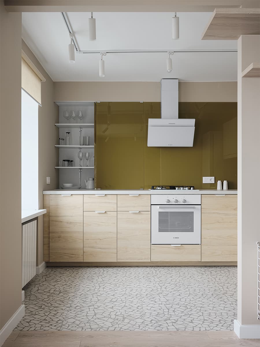 Светлый интерьер квартиры для сдачи в аренду с оливковыми и горчичными акцентами – проект LIVET Architects